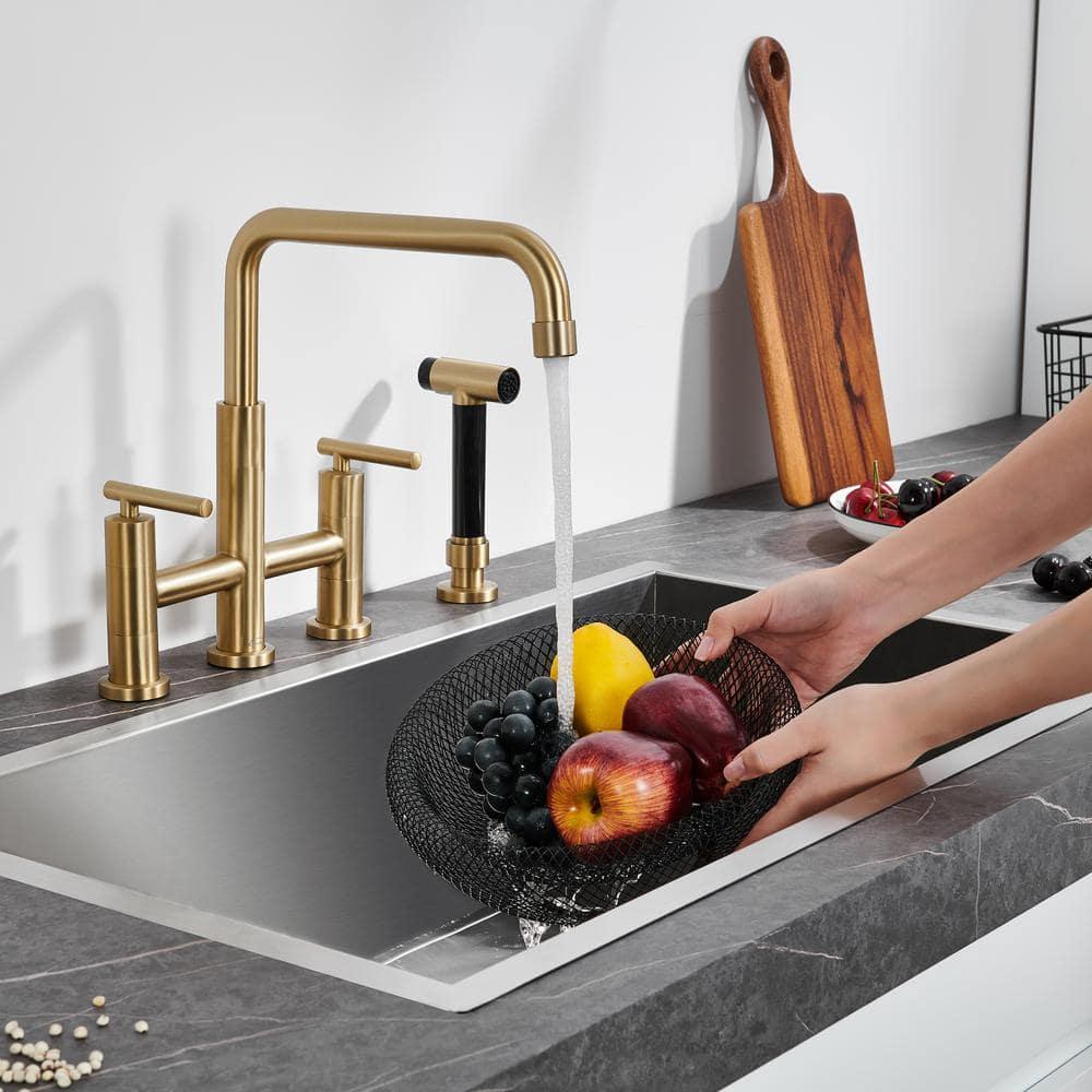 Double Handle Bridge Kitchen Faucet in Brushed Gold, with Put Out Side Sprayer