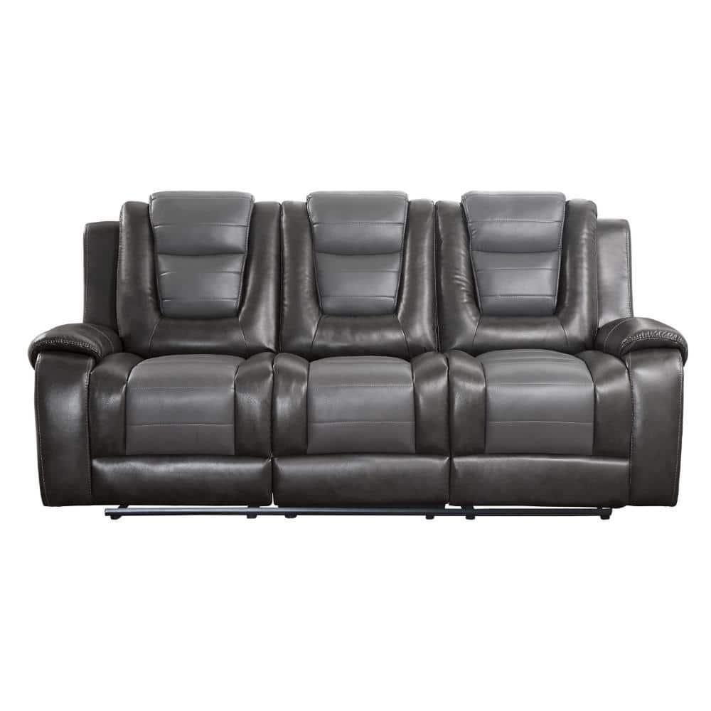 Istro 86 Inch Dual Manual Recliner Sofa, Drop Table, Gray Faux Leather