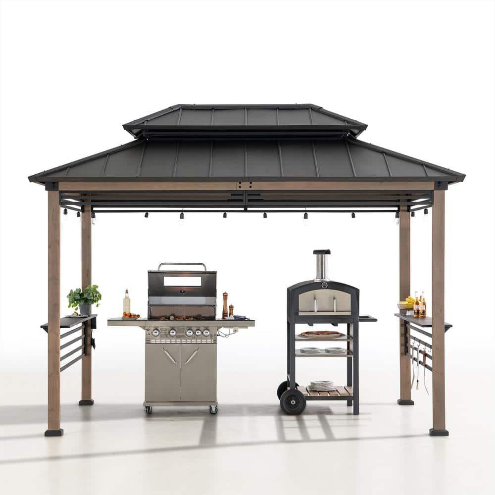 Sunjoy Sunjoy Wooden Grill Gazebo with AC Power Port, 8 x 12 ft. Steel Hardtop Outdoor Gazebo for Year-Round Grilling, Cedar Framed Gazebo with Built-in Electrical Outlets and Decorative Fence