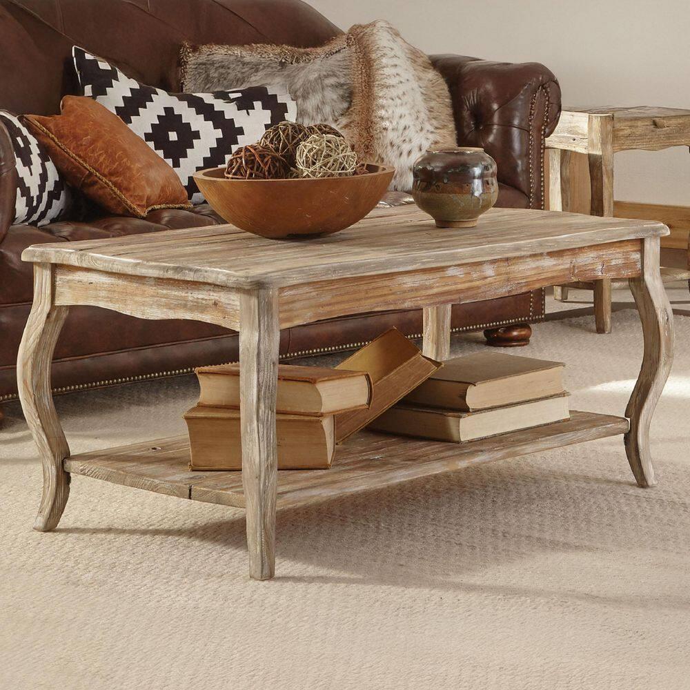 Alaterre Austerity Wood Coffee Table with Open Shelf, Driftwood Natural Finish, Accent & Occasional Furniture, Assemble Required