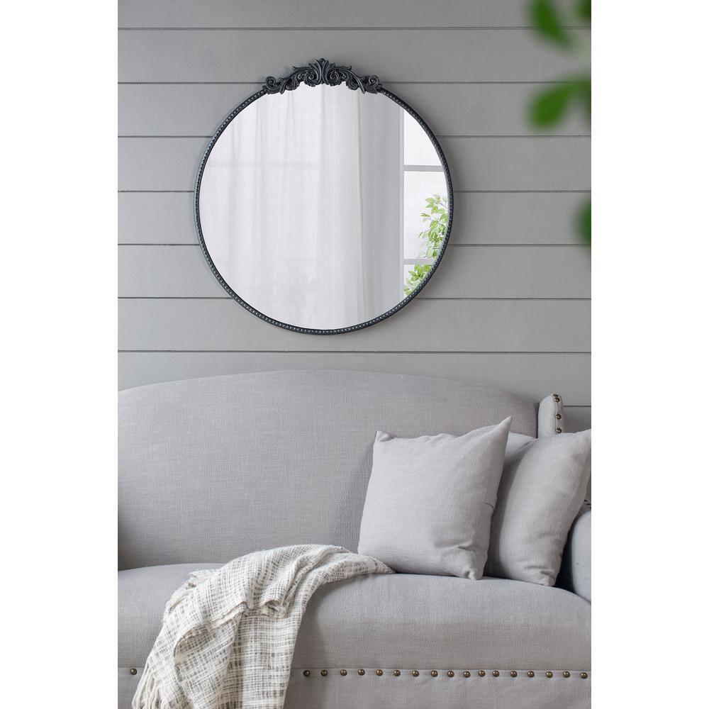 Gzxs Round Mirror, 30" Baroque Style Circle Mirror Vintage Black Wood Frame Wall Mirrors for Vanity, Bathroom or Bedroom