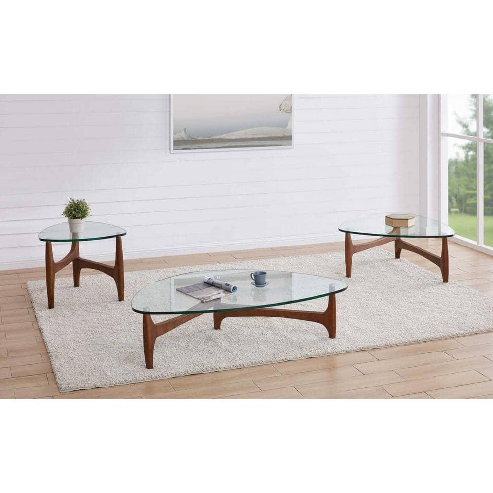 HomeRoots Clear Tempered Glass Side Table with Walnut Base, 23.63 x 23.63 x 19.69 in.
