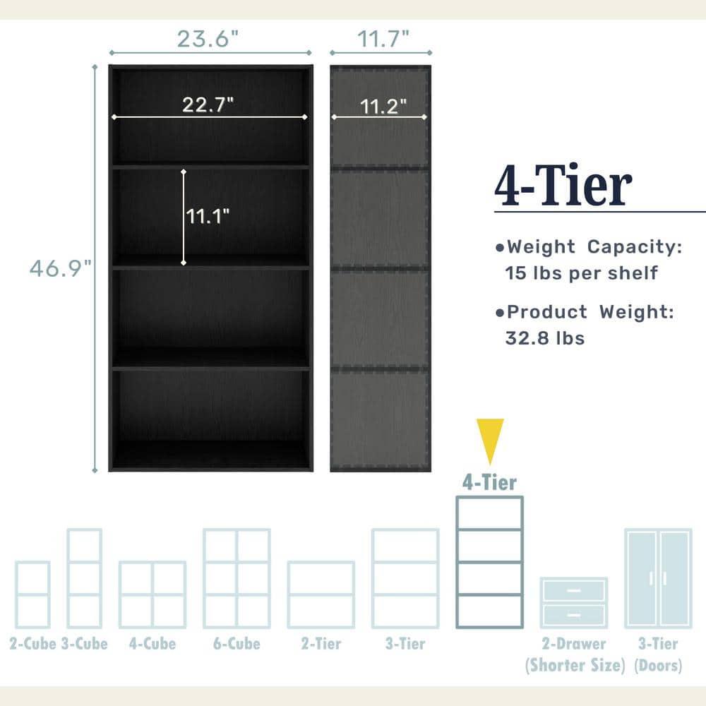24/7 Shop At Home 47" Silkpath Modern 4 Tier Stackable and Modular Bookcase Black: Modular Organizer, MDF Wood