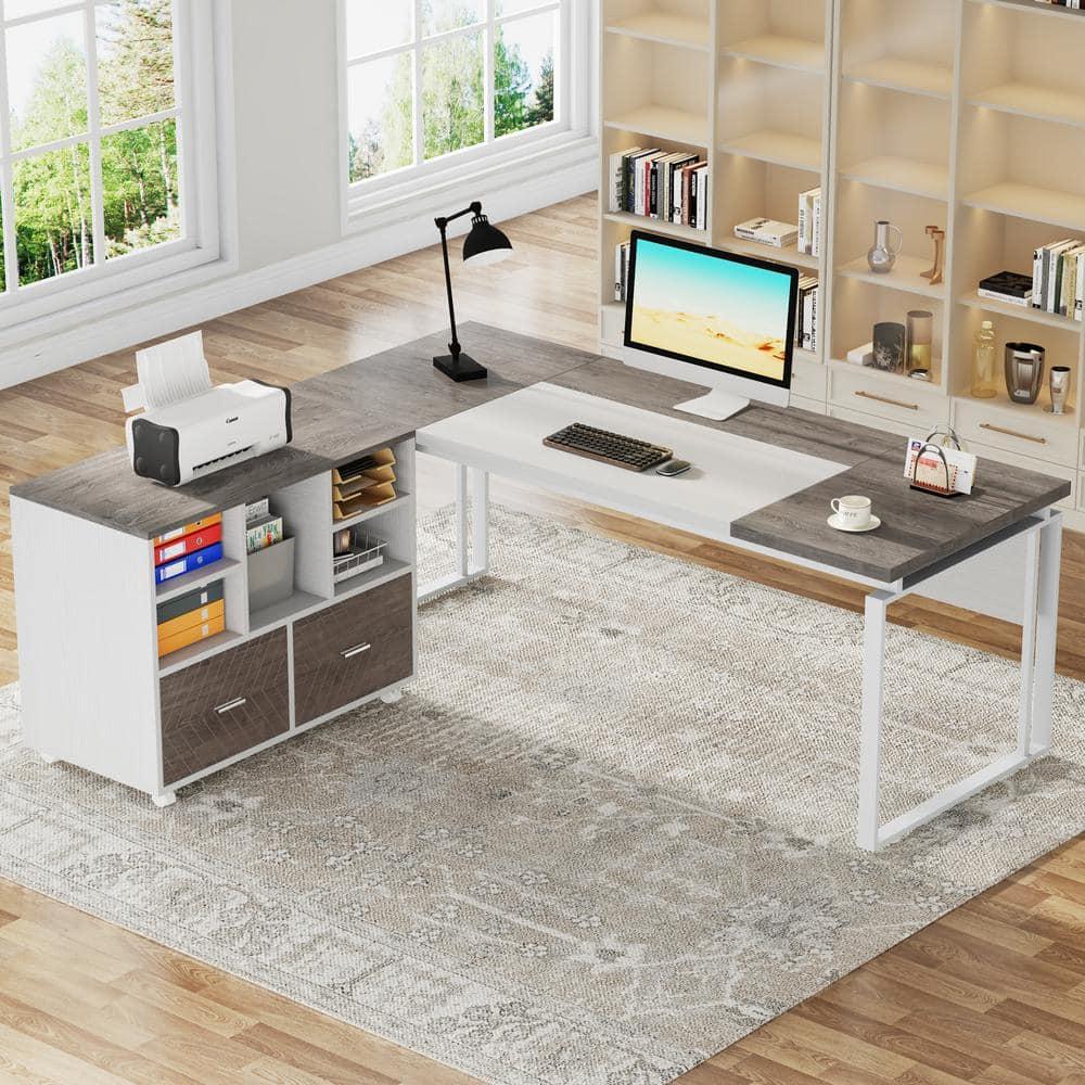 Tribesigns 63 inch L-Shaped Executive Desk with Reversible File Cabinet, Office Desk with Storage Drawers, Gray & White