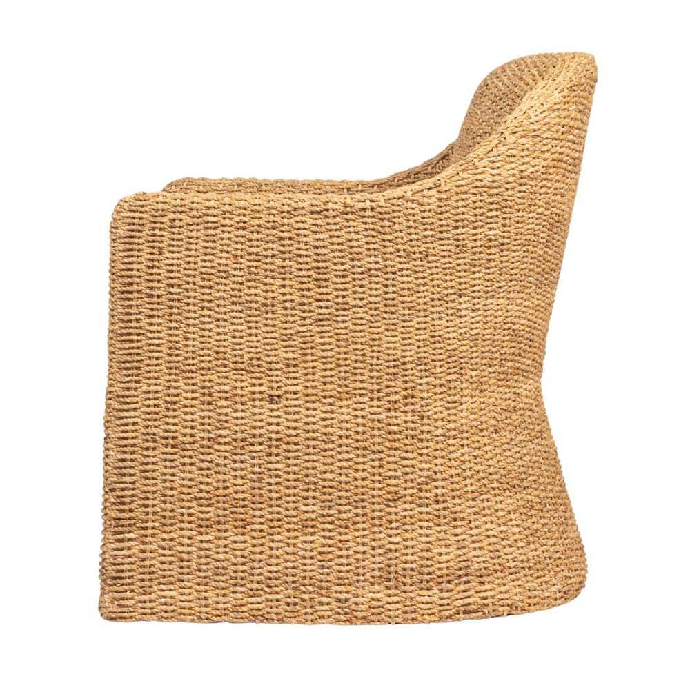 Natural and Cream Woven Water Hyacinth and Acacia Wood Outdoor Lounge Chair with White Cushion