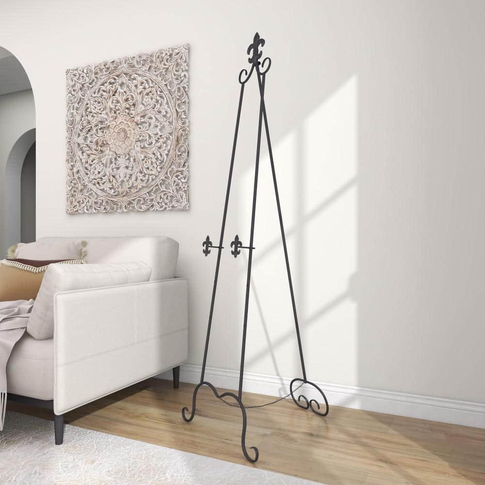 Black Iron Adjustable Floor Easel with Scroll Accents