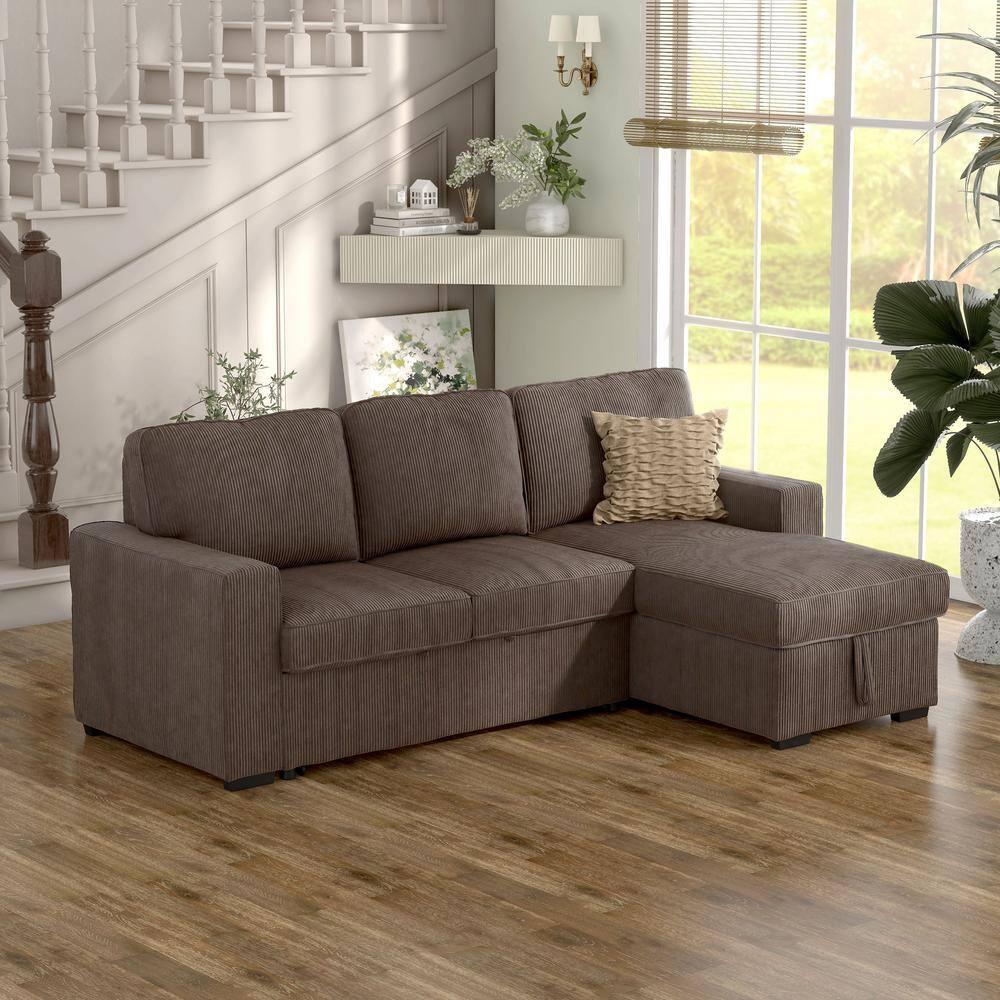 HOMES: Inside + Out Paeke Sleeper Sectional Sofa Corduroy with Storage Chaise and Reversible Brown
