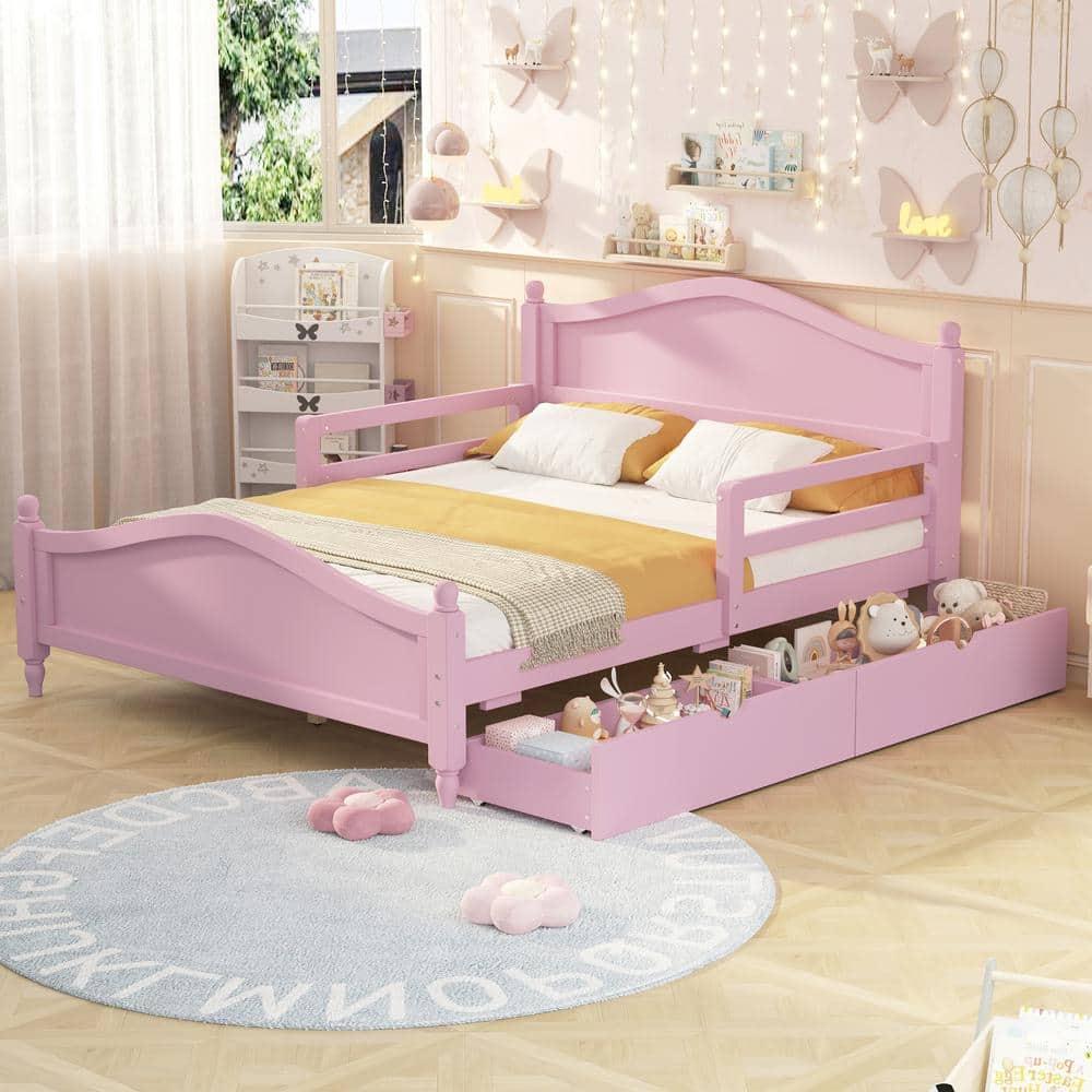 Harper & Bright Designs Kids Full Storage Bed Frame with 2 Drawers and Rails, Wood Platform Beds with Headboard and Footboard, Full Size Bed with Slat Support for Boys Girls,No Box Spring Needed,Pink