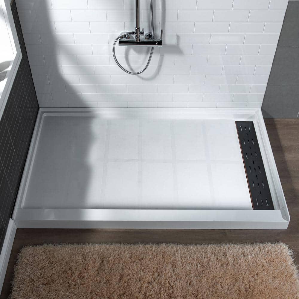 60" x 36" Solid Surface Single Threshold Shower Pan Base with Drain Assembly & Drain Cover Included, Non-Slip