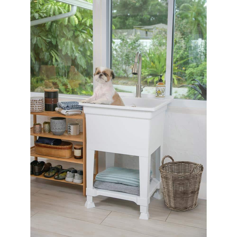 UTILITYSINKS Plastic 24" Freestanding Compact Utility Tub Sink for Workshop, Laundry Room, Garage, Greenhouse & Pet Wash Station, White