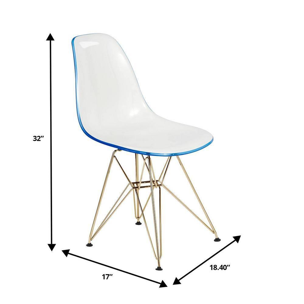 LeisureMod 5-Piece Dining Set with 35" Round Dining Table in White Iron Pedestal Base and 4 ABS Plastic Side Chair with Gold Base, White Blue