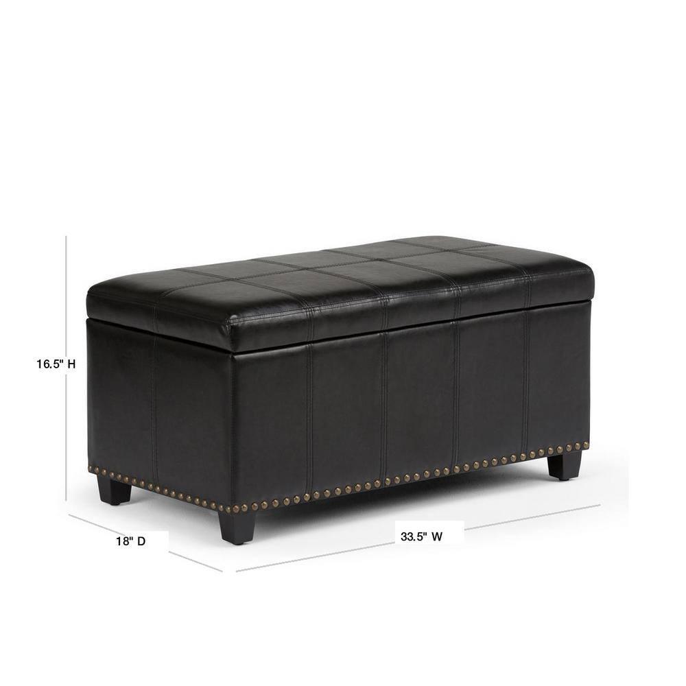 Simpli Home Amelia 34 inch Wide Transitional Rectangle Storage Ottoman Bench in Midnight Black Faux Leather