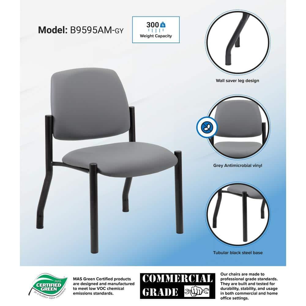 Armless Guest Chair Gray - Boss Office Products: Sturdy Mid Back, Antimicrobial Vinyl, 300 lbs Capacity