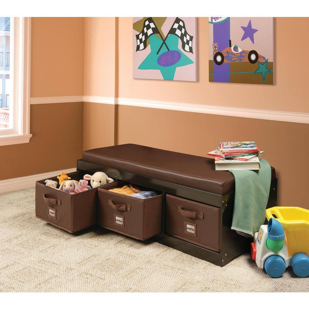 Badger Basket Kid's Storage Bench with Cushion and Three Bins - Espresso