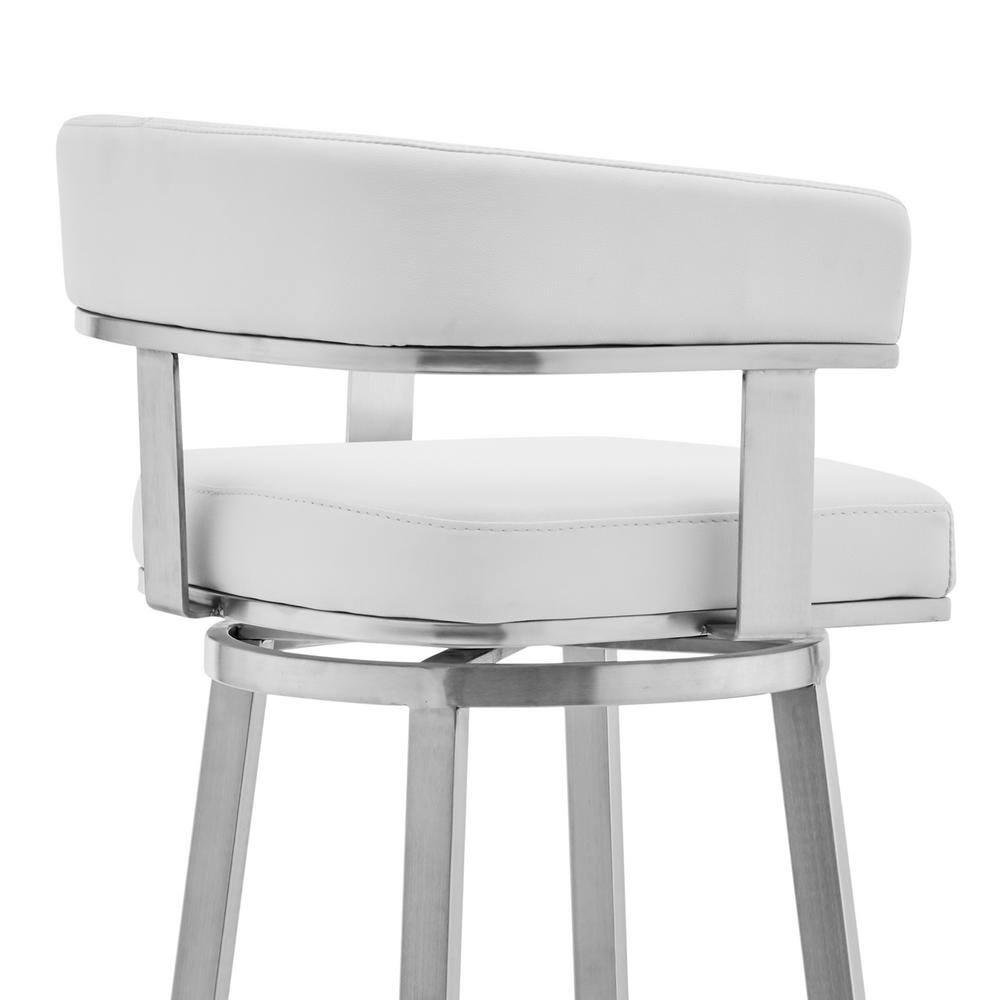 Armen Living Lorin30" White Faux Leather and Brushed Stainless Steel Swivel Bar Stool