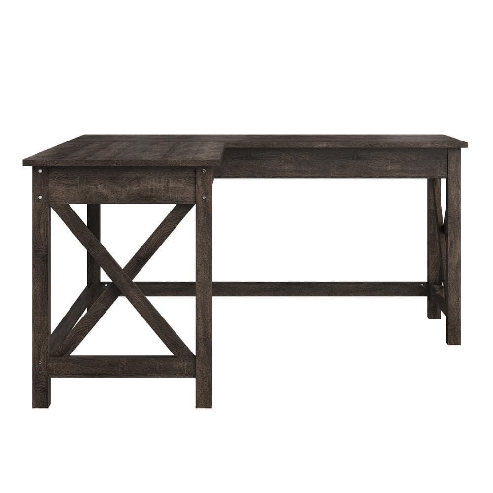 Lavish Home 59" L-Shaped Farmhouse Style Desk with Return for Home Office in Dark Gray Oak Finish