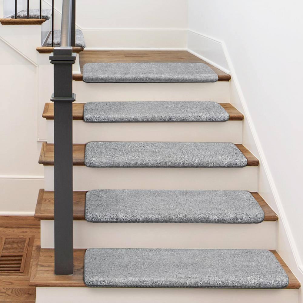 PURE ERA Bullnose Soft Plush Carpet Stair Treads Wooden Steps Rugs Self Adhesive Non-slip 9.5" x 30"x1.2" (Set of 7, Gray)