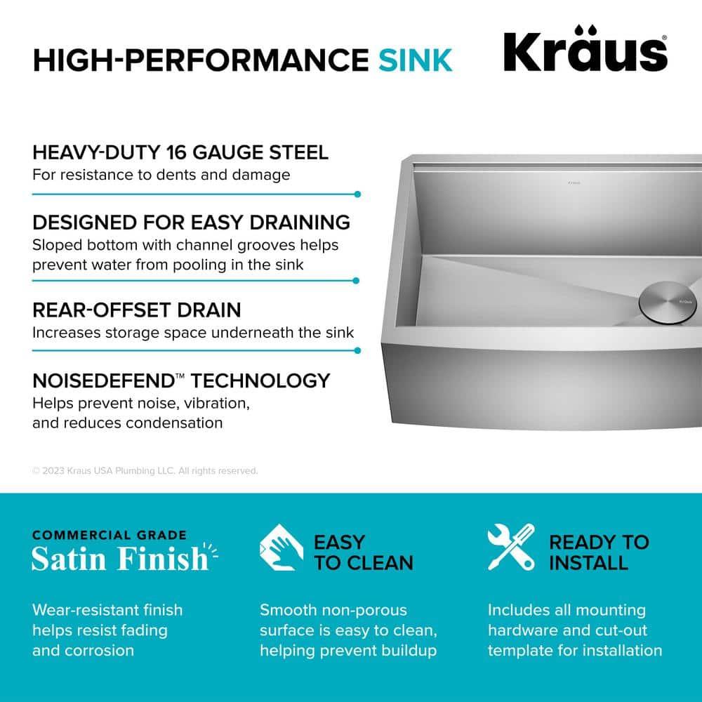 KRAUS Kore™ 27" L Farmhouse Apron Front Workstation 16 Gauge Stainless Steel Single Bowl Kitchen Sink with Accessories