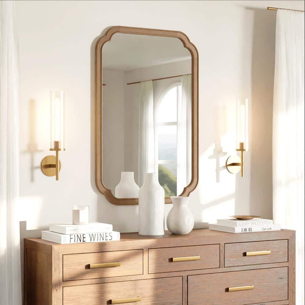 Magnifique Rounded Corner Arch Wall Mirror with Wood Frame for Bathroom 24" x 36", Natural Wood Color