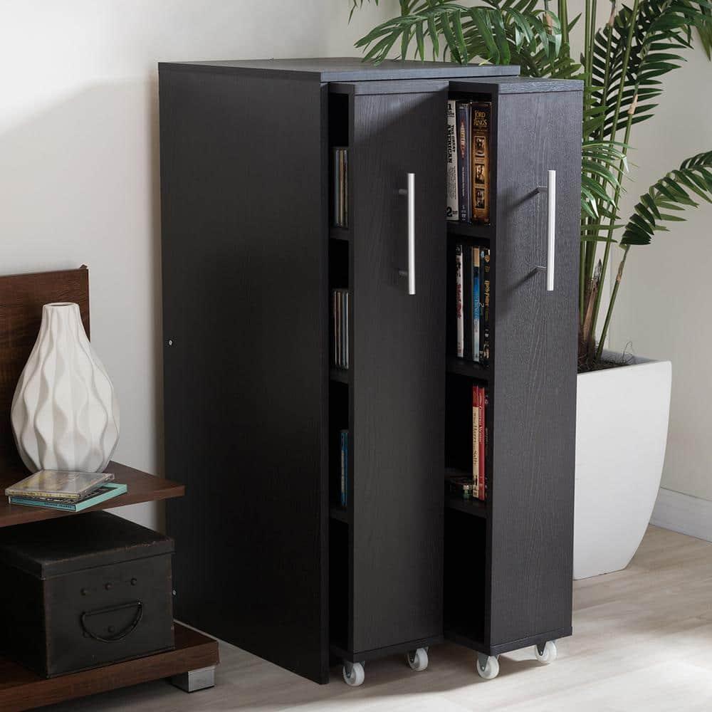 Baxton Studio Lindo Wood Bookcase with Two Pulled-out Doors Shelving Cabinet - Dark Brown: Media Storage, 10 Shelves, 54.25" Height