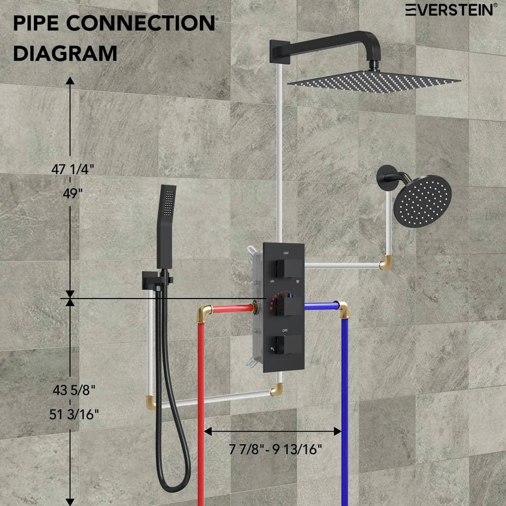 Thermostatic Dual Shower System 12" Rainfall Shower Head with Rough-in Valve