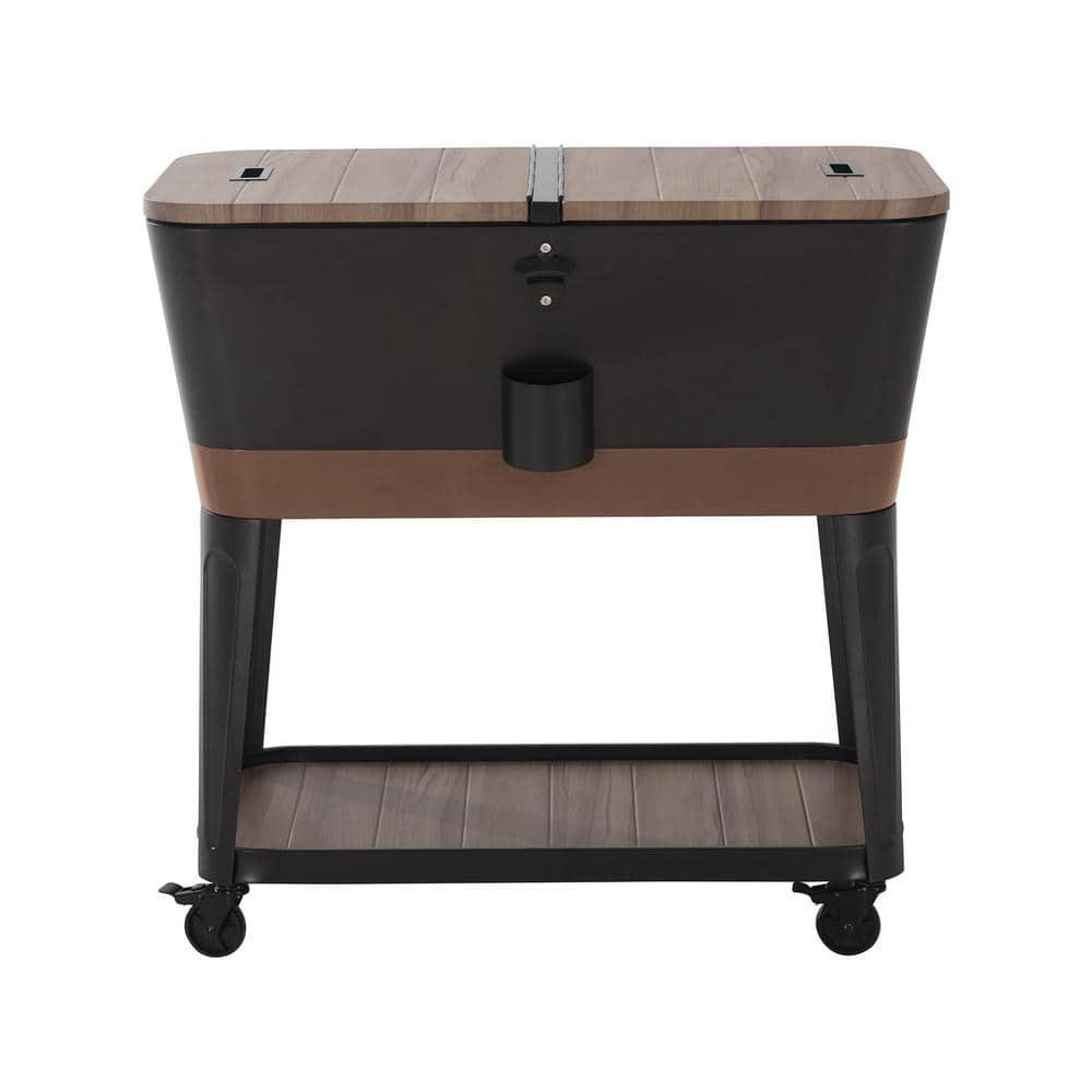 Sunjoy Durant 80-Quart Wood Grain Finish Metal Rolling Ice Chest Cooler Cart with Storage Shelf, Steel Bottle Opener, and Lockable Wheels