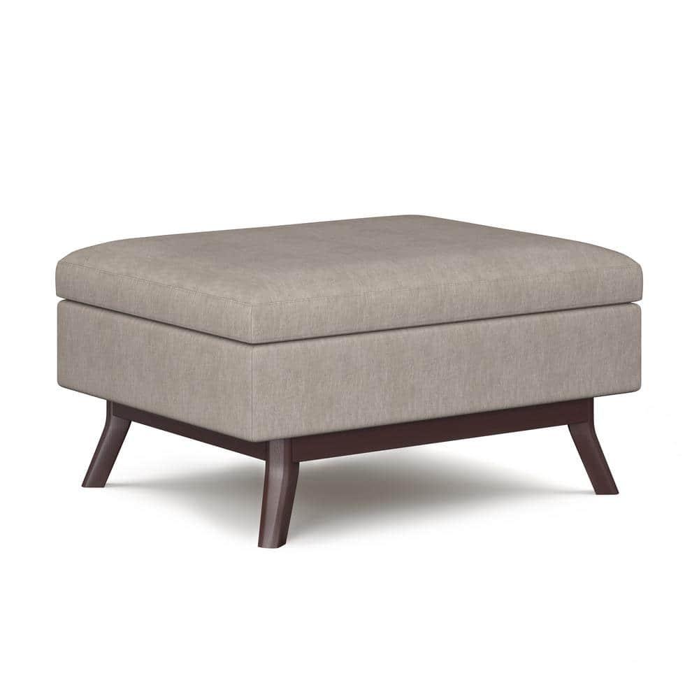 Simpli Home Owen 34"W Upholstered Coffee Table Storage Ottoman with Lift Top and Solid Wood Legs