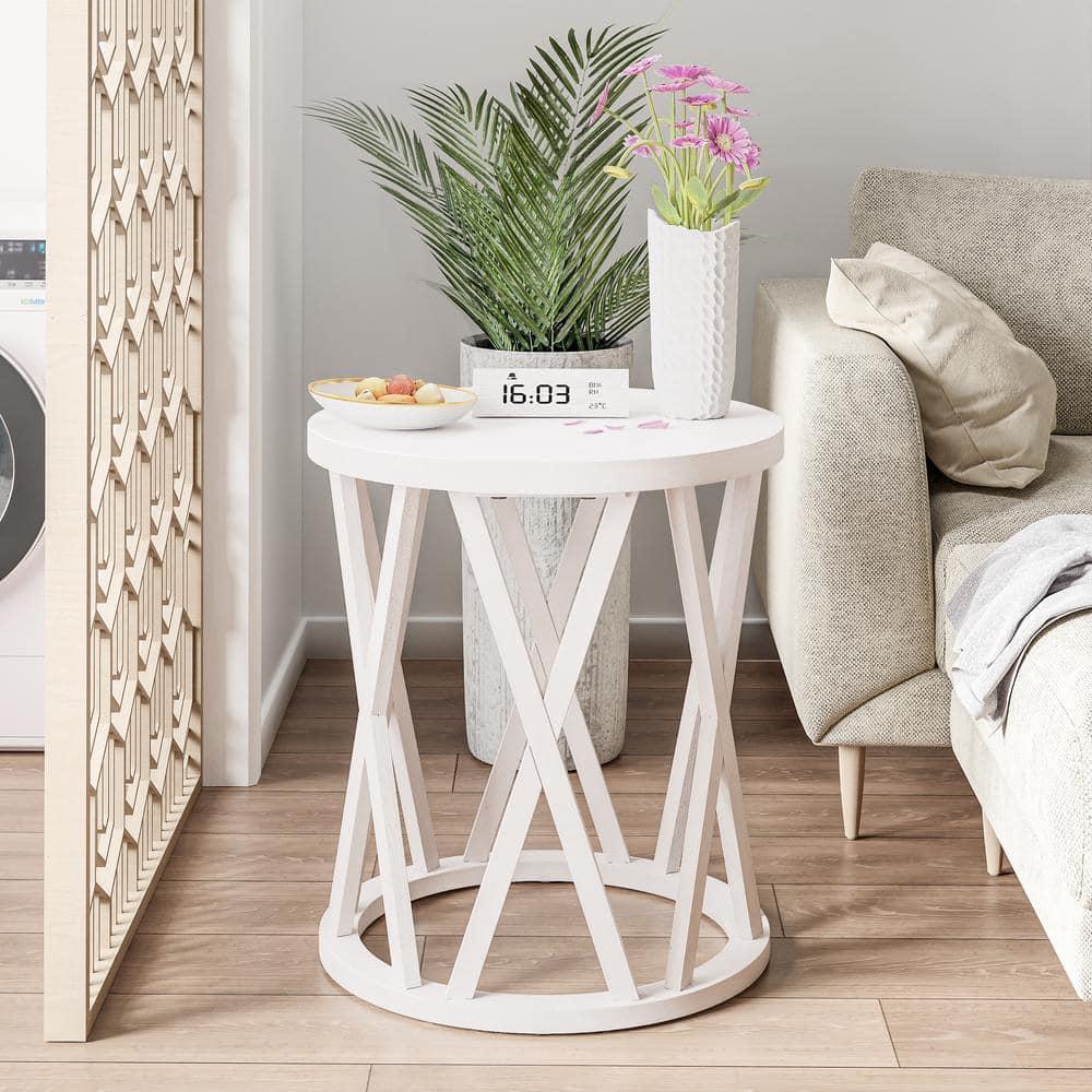 COZAYH Farmhouse End Table, Rustic Round Side Table with X-Motifs Legs, Wood Textured Top, for Boho, French Country Decor, Antique White