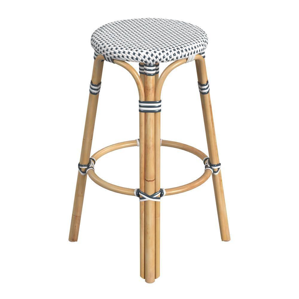 Butler Specialty Rattan Bar Stool Chair in White With Round Seat & Footrest
