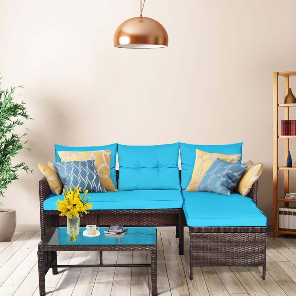 Costway 3PCS Patio Wicker Rattan Sofa Set Outdoor Sectional Conversation Set Turquoise