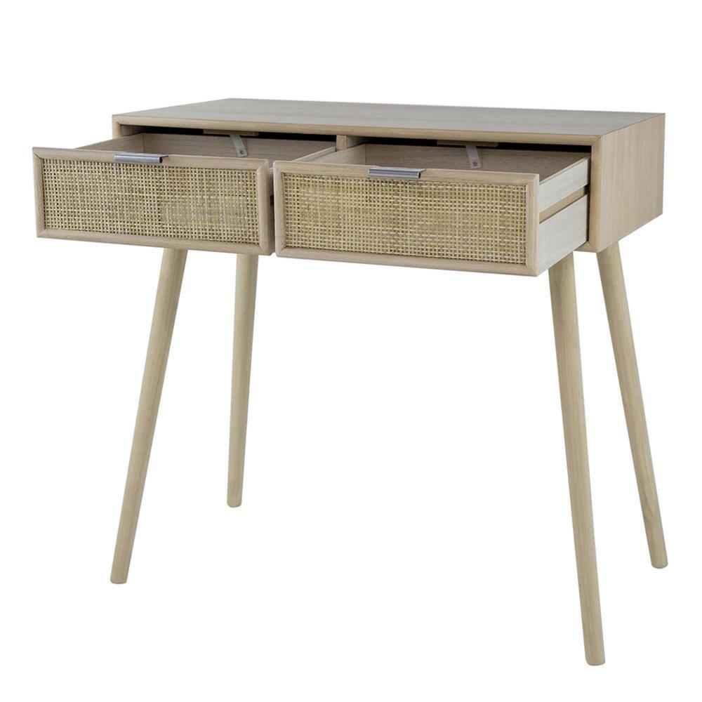 Pia 32 Inch Wood Console Table, 2 Drawers, Woven Rattan, Natural Brown - Saltoro Sherpi