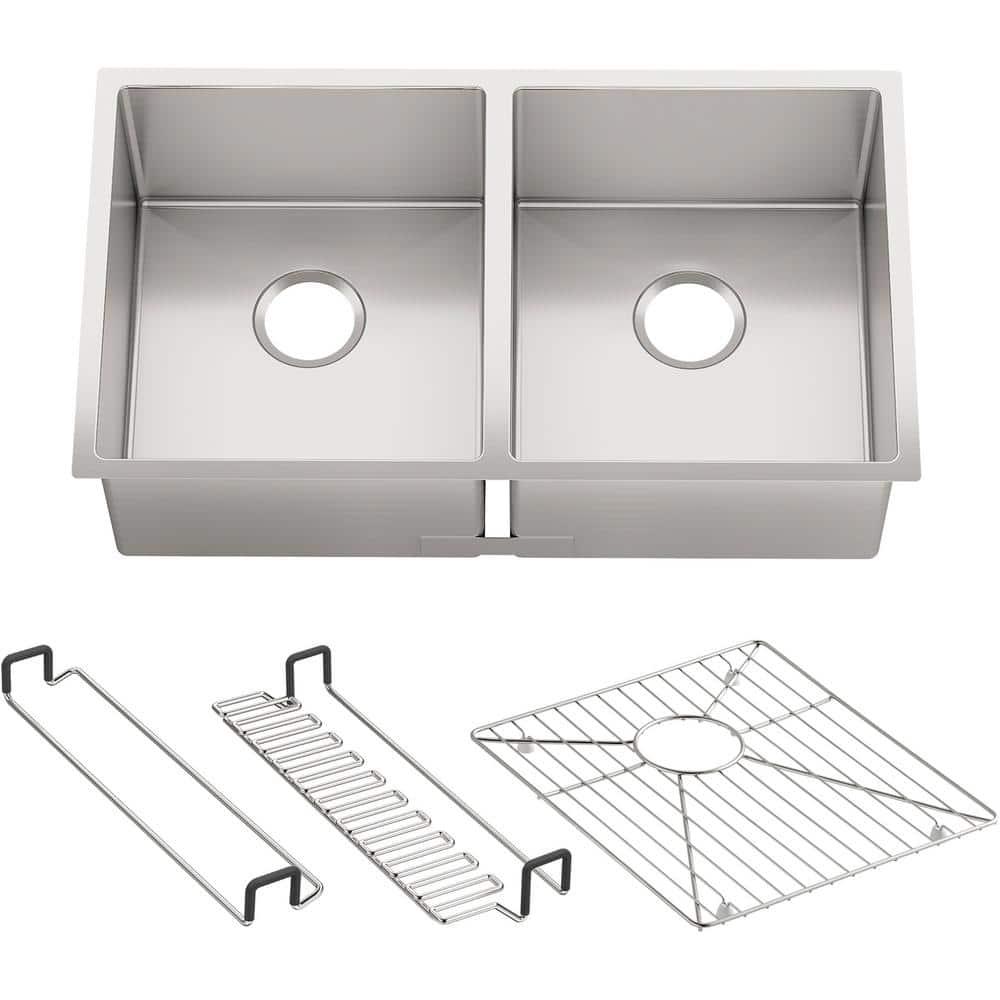 Strive 32" L x 18-1/4" W x 9-5/16" Under-Mount Double-Equal Kitchen Sink with Basin Rack