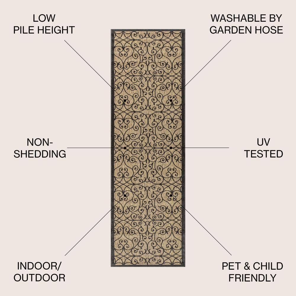 2'x8' Madrid Vintage Filigree Textured Weave Indoor/Outdoor Runner Rug, Black - JONATHAN Y