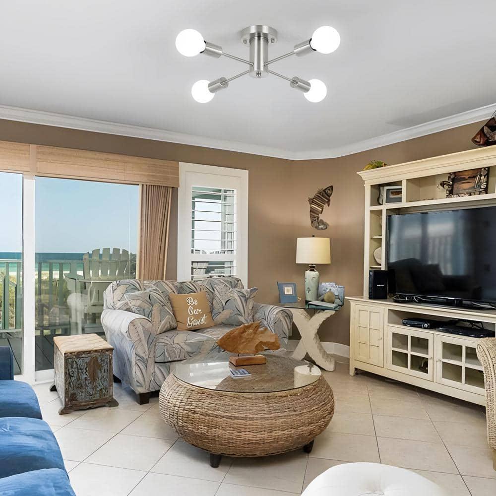 Sputnik Chandeliers, 4 Lights Kitchen Lighting Fixtures Ceiling Brushed Nickel Chandelier, Semi Flush Mount Ceiling Light Fixture for Bedroom Hallway Kitchen Living Room Dining Room