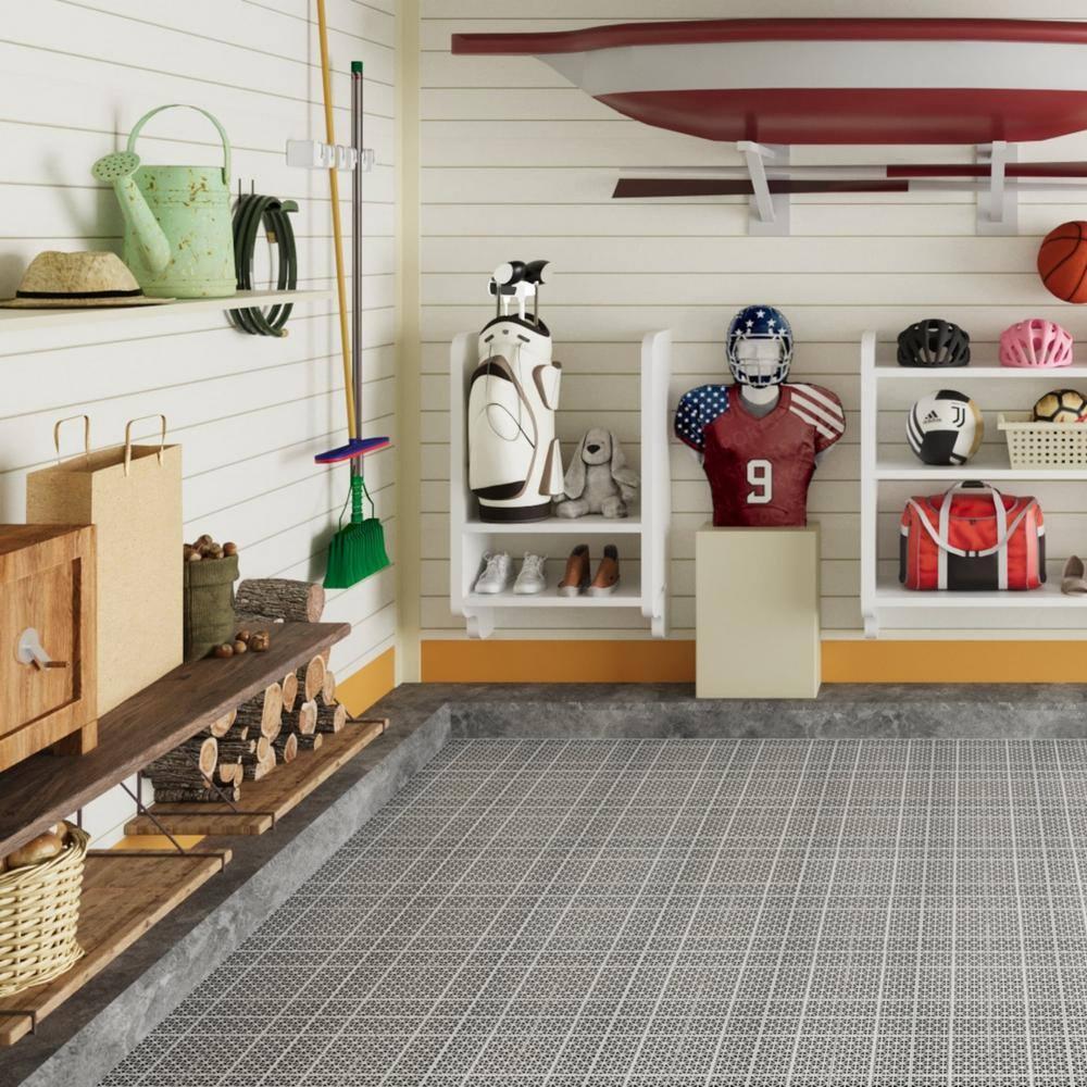 LoLado 12Pcs Plastic Interlocking Deck Tiles 12" x 12" Rosette Pattern Waterproof Outdoor All Weather Anti-slip Tiles for Bathroom Shower Balcony Porch, Gray