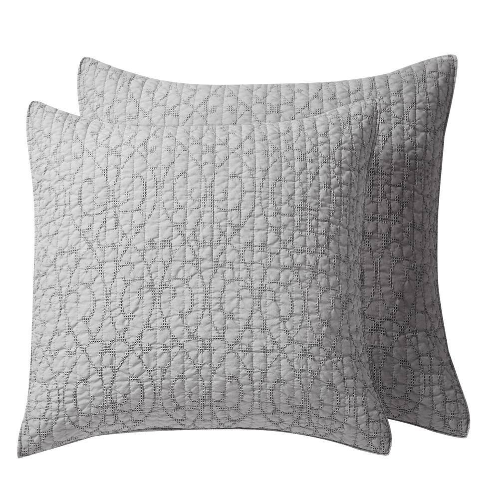 Homthreads - Beckett Two Euro Pillow Shams - Microfiber Jacquard - Damask Scroll - Silver Grey - Euro Size (26 x 26in.) and Pillow Sham Size