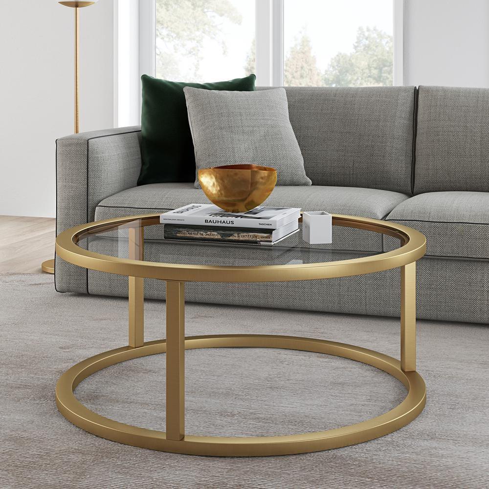 Evelyn&Zoe Metal Round Pedastal Base Coffee Table in Gold and Brass Finish