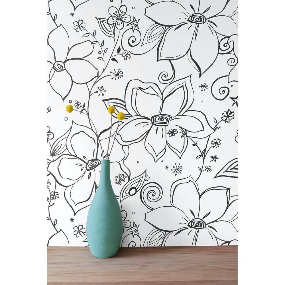 NextWall Black & White Linework Floral Peel and Stick Wallpaper