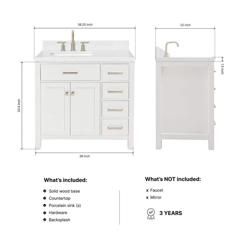 Ariel H036slcqrvo Bristol 36" Free Standing Single Basin Vanity Set - White