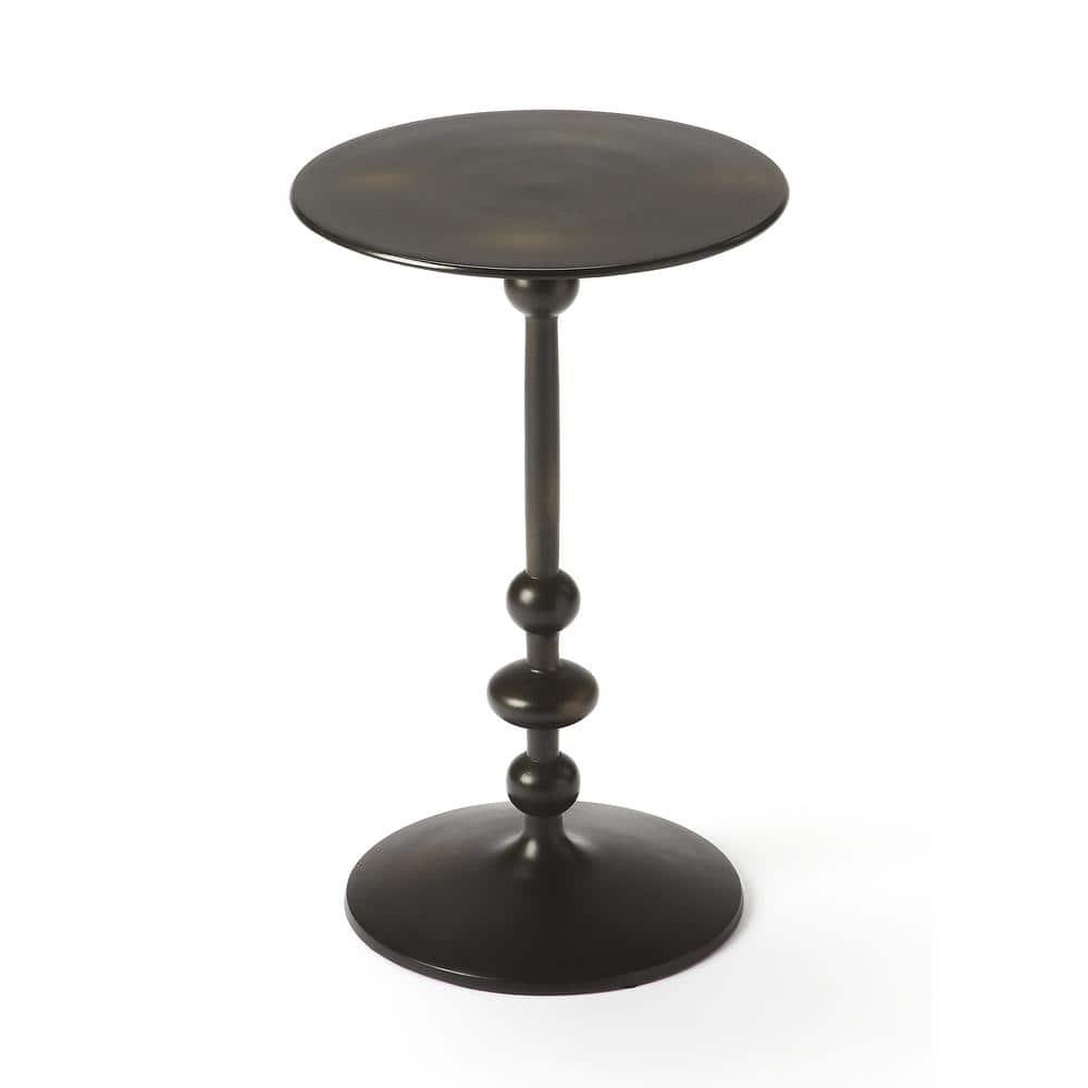 Elegant Round Black Iron and Wood Pedestal End Table