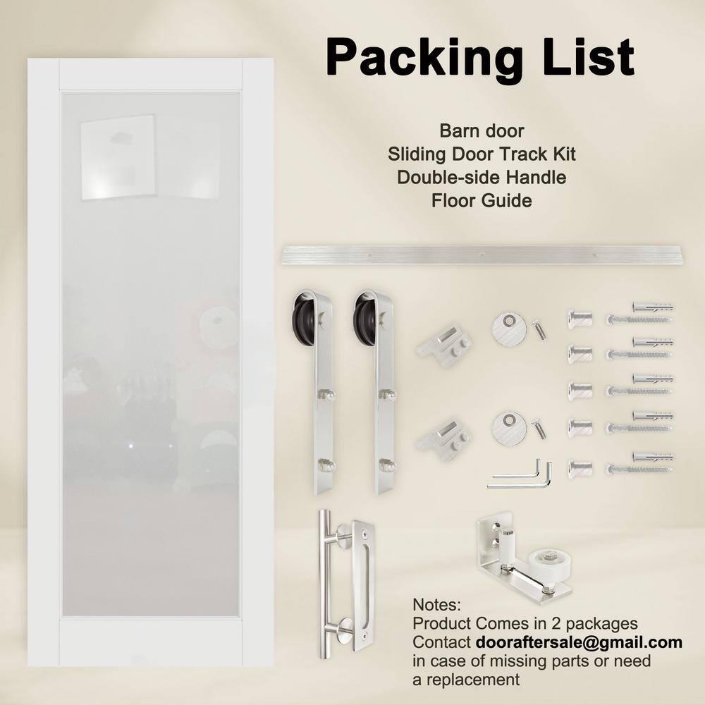 Home Worthy Frosted Glass Solid Manufactured Wood Painted Sliding Barn Door with Nickel-Hardware Kit(No Assembly Required)