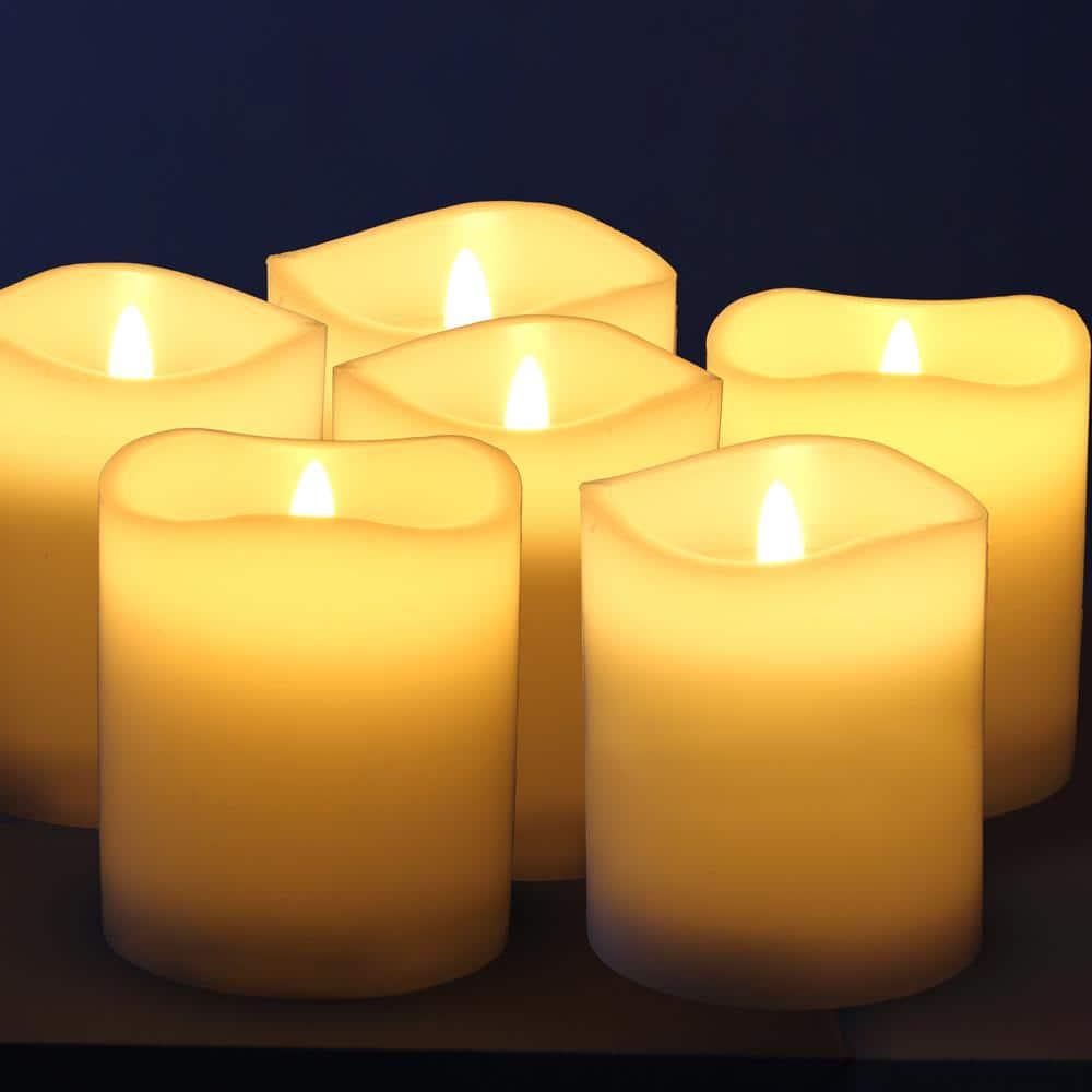 Stonebriar Flameless LED 3"x 4" off-White Real Wax Pillar Candle with Timer and Remote, 6 Pack