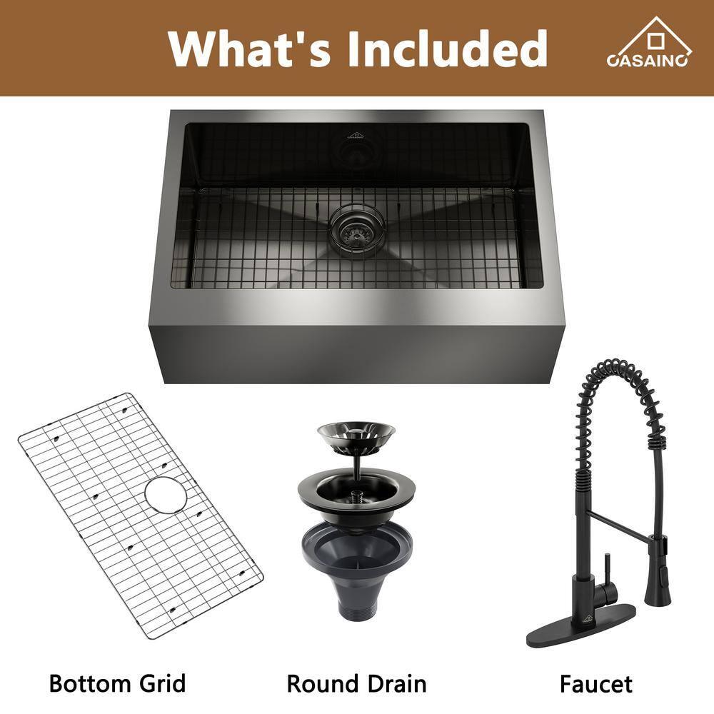 33" L x 22" W Farmhouse Kitchen Sink with Faucet, Stainless Steel Grid