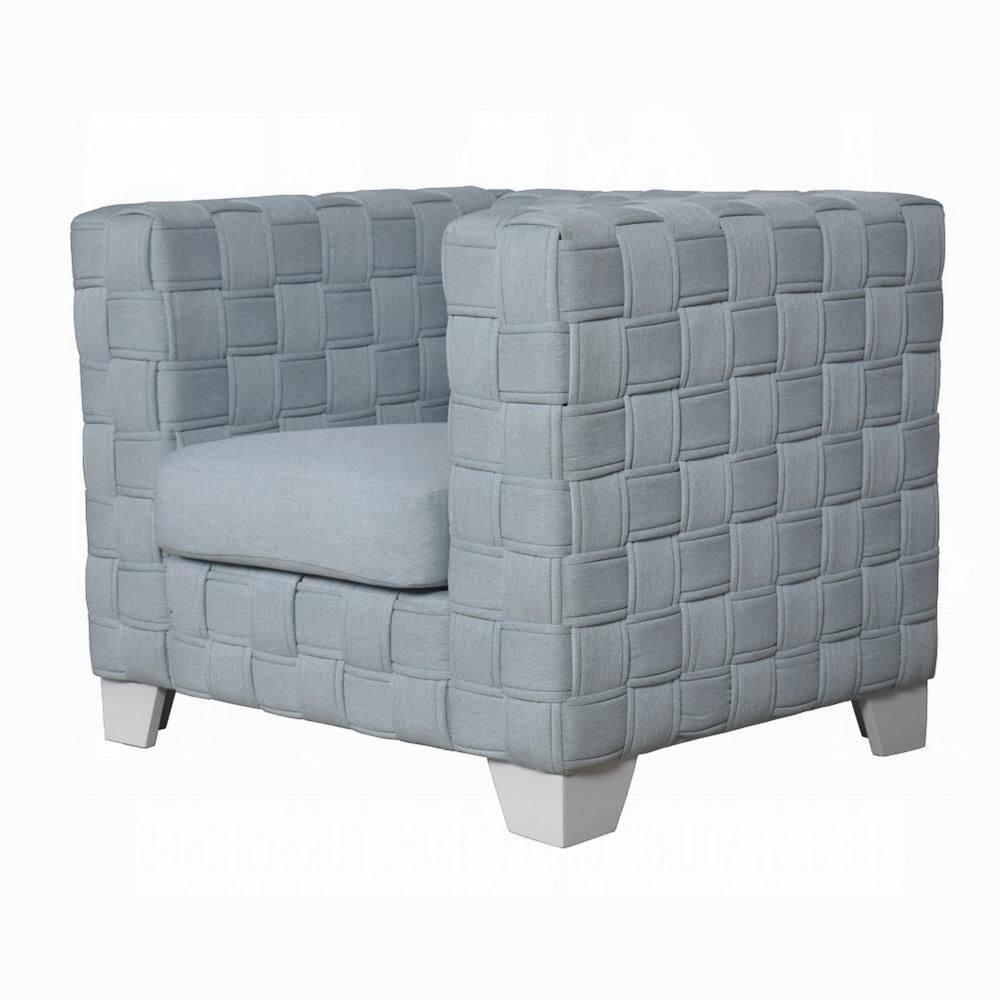 Benjara Reah Accent Chair, Knitted Light Blue Chenille, White Composite Wood