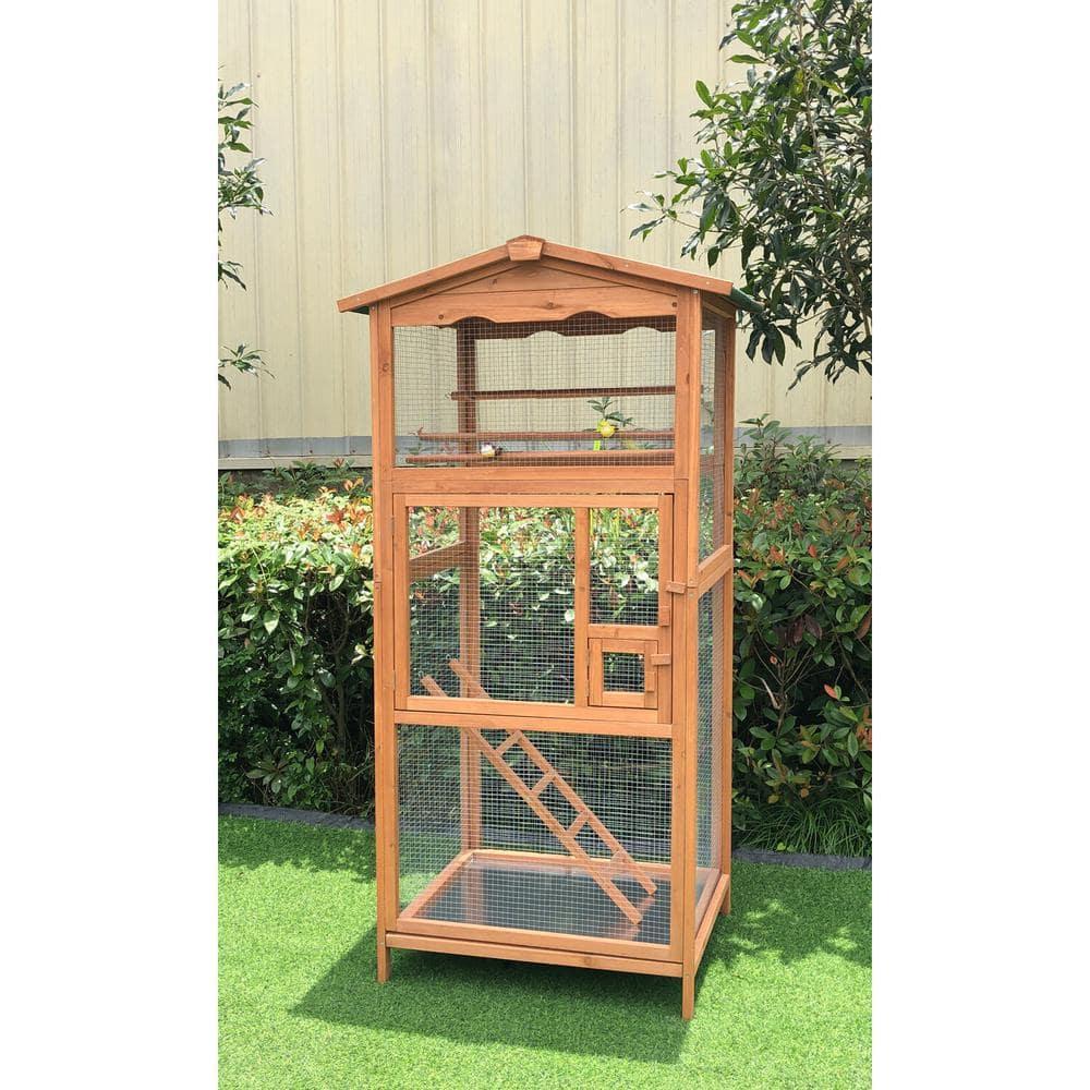 Hanover Outdoor Wooden Bird Cage with 3 Resting Bars, Ladder, Waterproof Roof and Removable Tray, 2.9 Ft. x 2.1 Ft. x 5.8 Ft.