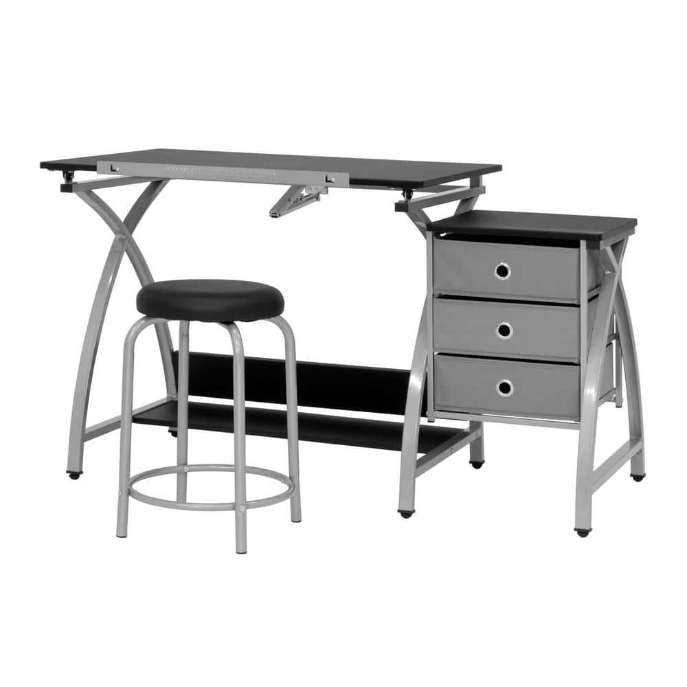 Comet Plus Drawing Table and Stool Set Silver/Gray - studio designs: Adjustable Top, Storage Drawers, Padded Seat