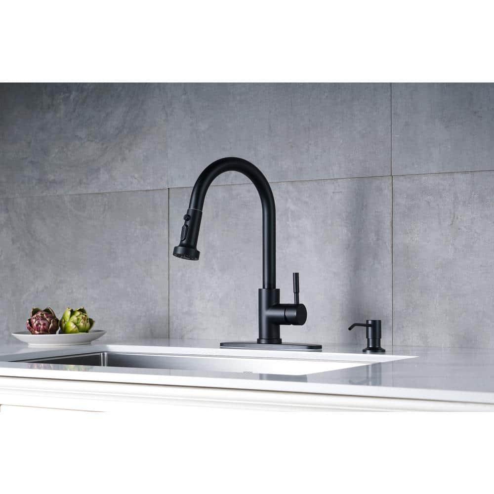 Black Kitchen Faucet with Soap Dispenser Stainless Steel Single Handle Kitchen Sink Faucet with Pull Down Sprayer for Single Hole or 3 Holes