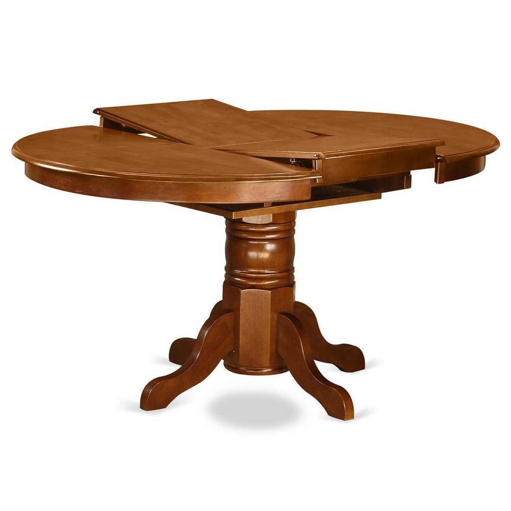 East West Furniture Avon 7-Piece Dining Set with Leather Seat in Saddle Brown