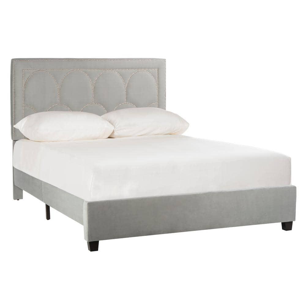SAFAVIEH Solania Glam Upholstered Bed Frame with Nail Head, Queen, Pewter