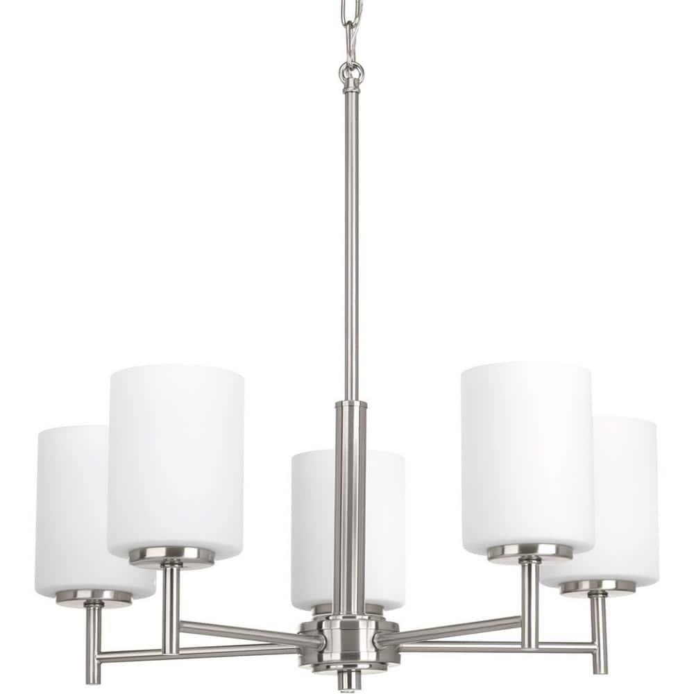 Progress Lighting Replay 5-Light Chandelier, Brushed Nickel, White Glass Shades